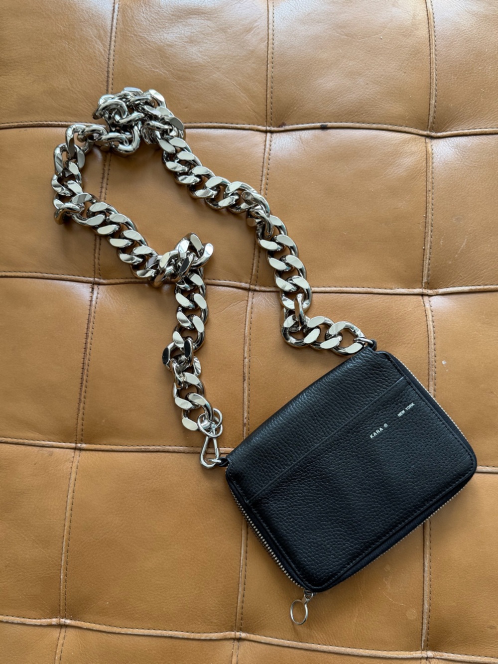 Kara New York Black Leather Crossbody Bag with Chunky Silver Chain